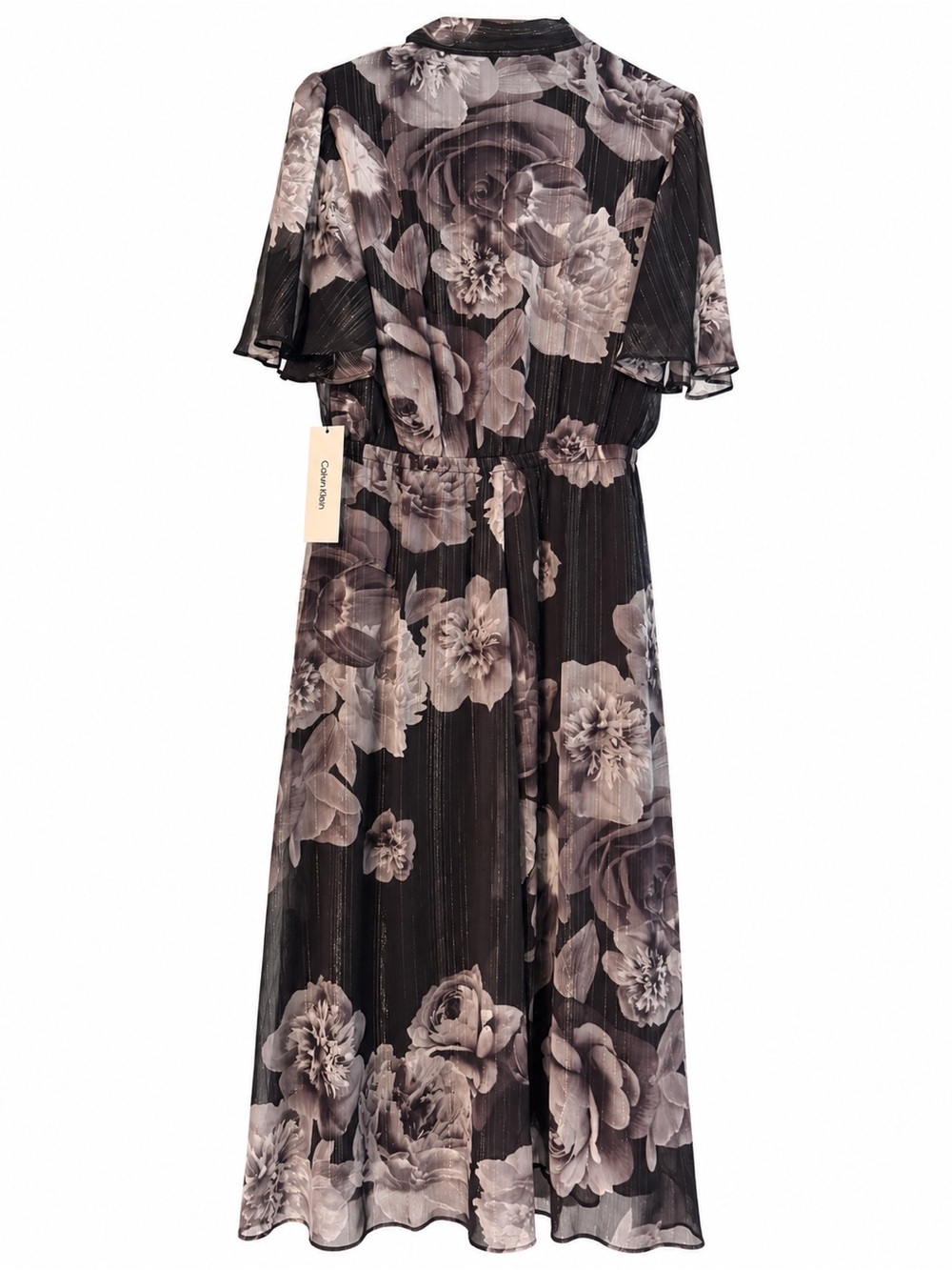 NWT Calvin Klein Floral Metallic Flutter Sleeve Midi Dress Size 10 - Picture 4 of 9